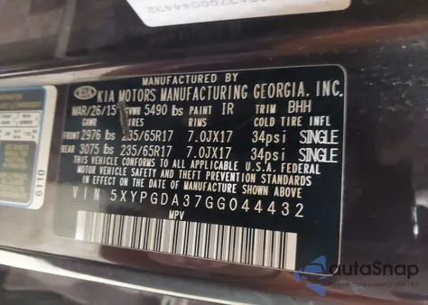 2016 Kia Sorento 2.4L Lx из США, поврежденный, VIN 5XYPGDA37GG044432